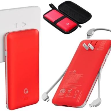 10000mAh Portable Charger, Slim USB B C Power Bank,4 Output External Battery Pack with Built-in AC Wall Plug Micro and USB C Three Cables Compatible with All mobilephone