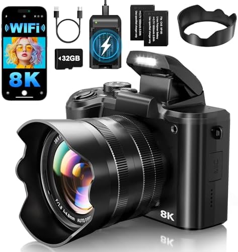 8K Digital Cameras for Photography - Autofocus 88MP WiFi Profession Camera with Dual-Lens - 16X Digital Zoom Photography Camera for YouTube with Lens Hood, Touch Screen, 2 Batteries & Charging Stand
