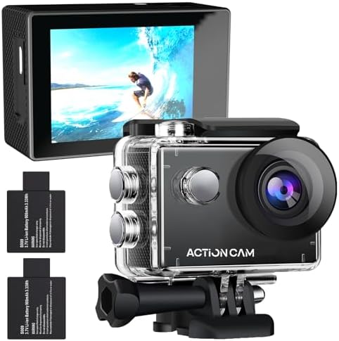 Action Camera 1080P 30fps Sports Camera 40m/131ft Underwater Waterproof with 2 Batteries and Multi-Function Accessory