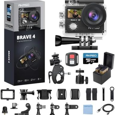 AKASO Brave 4 Action Camera 4K 30fps with 64GB MicroSD U3 Card Bicycle Helmet Accessories Kit Bundle, 20MP Ultra HD 131FT Waterproof Underwater Camera EIS WiFi Remote Control 5X Zoom Sport Cameras